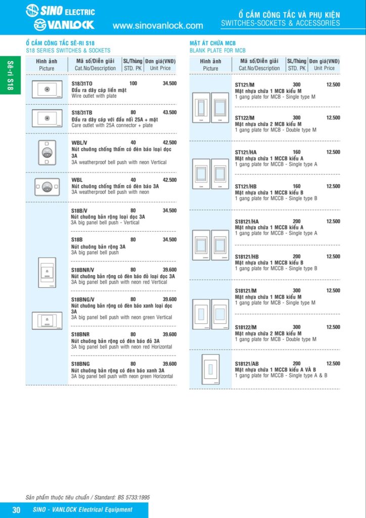 Sino Vanlock pricelis Bảng giá công tắc ổ cắm Sino Vanlock 2024